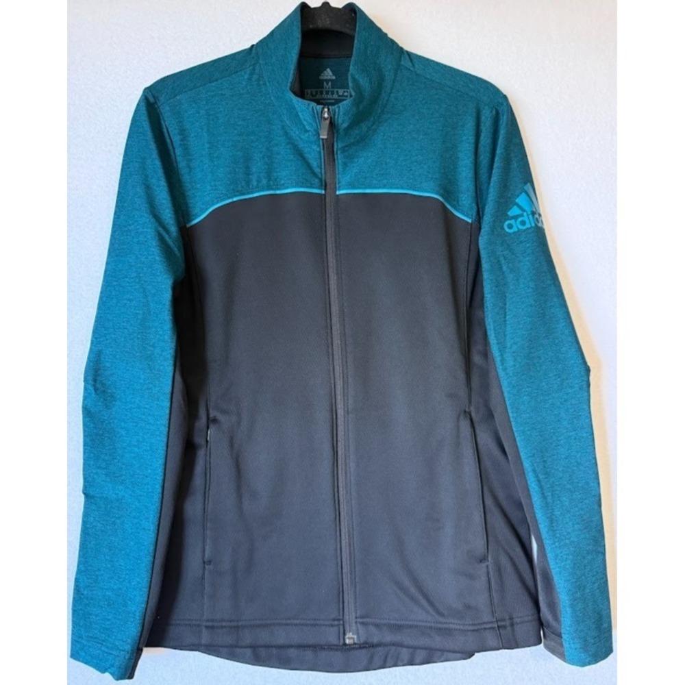 Adidas  Jacket Women Medium Teal Black Athletic Track Zip Logo Stretch High Neck